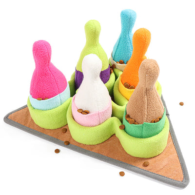 Colorful pet puzzle toy with bowling pin shapes and a chicken drumstick, designed for slow feeding and training. - Image 10
