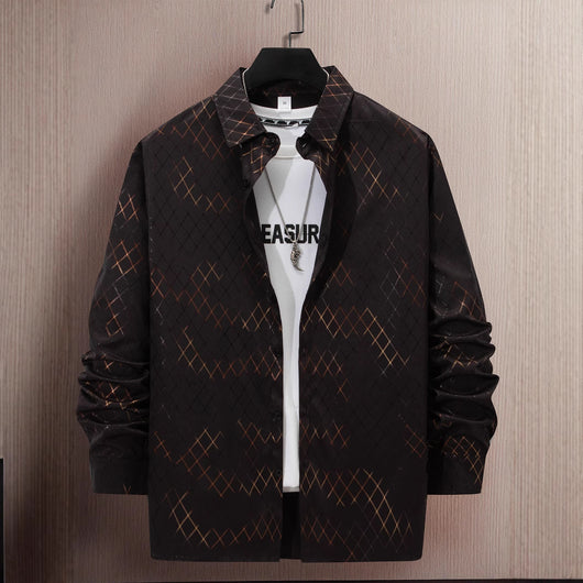 Camisa Casual de Manga Larga para Hombre con Estampado Geométrico en Dorado - Image 12