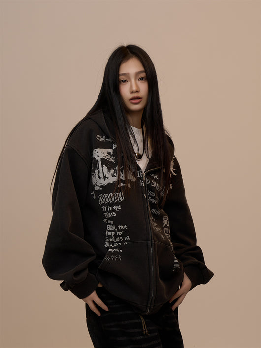 Sudadera Mujer con Capucha y Cierre - Estampado de Letras Negro - Image 21