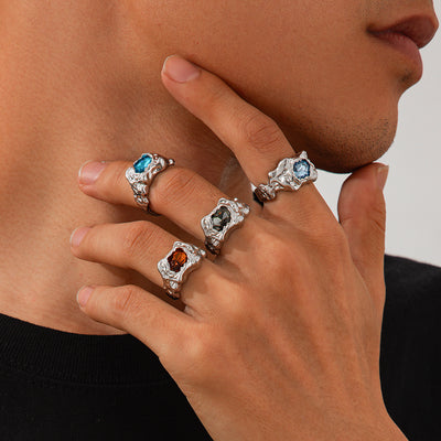 Anillo de Hombre Plisado en Metal Lava con Gema - Estilo Europeo y Americano - Image 3