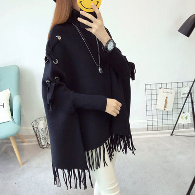 Poncho Suéter Cuello Alto Tejido Suelto Estilo Capa - Image 7