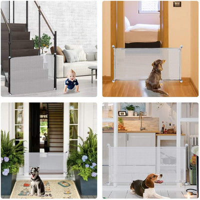 Black mesh pet gate installed at the bottom of a wooden staircase, with a golden retriever sitting in front. - Image 17