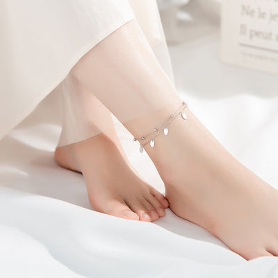 Pulsera Tobillera Plata S925 Doble Capa Diseño Minimalista Ovalada Brillante - Image 3