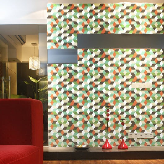 Waterproof self-adhesive wall sticker with a geometric 3D cube pattern in green, teal, orange, black, and white. - Image 13