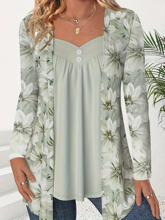 Blusa Estampada Dos en Uno con Botones y Mangas Largas - Image 6