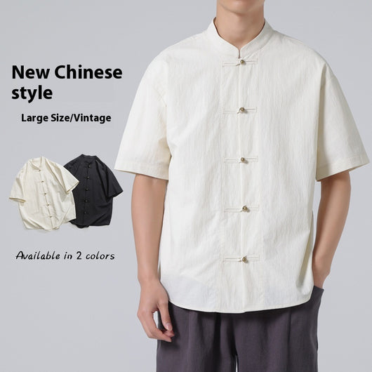 Camisa Estilo Chino con Cuello Mao Desgastado y Lavado Vintage