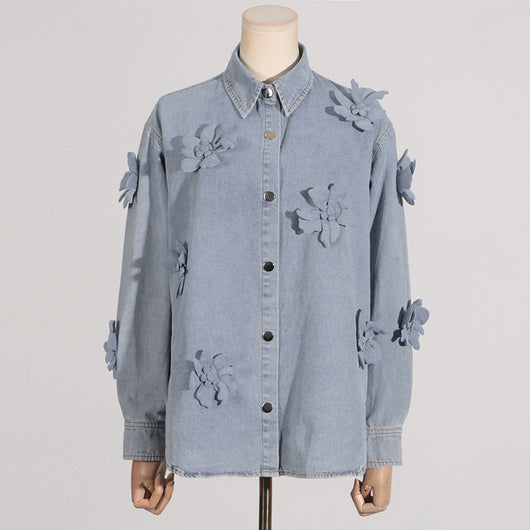 Blusa Denim con Flores 3D - Estilo Minimalista para Verano - Image 20
