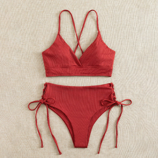 Light green ribbed bikini set with a V-neck bralette top and high-waisted bottoms featuring side tie details. - Image 2