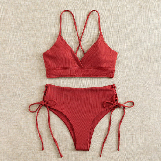 Light green ribbed bikini set with a V-neck bralette top and high-waisted bottoms featuring side tie details. - Image 2