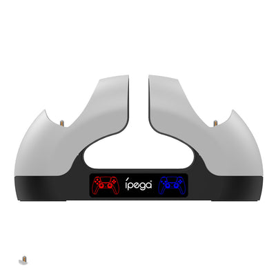 White and black dual charging dock for PS5 gamepads with contact-type charging and illuminated controller icons. - Image 6