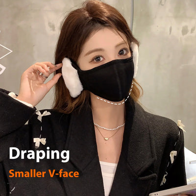 Pink ear-mounted warm mask with plush off-white ear protection, made from cotton for winter and autumn. - Image 3