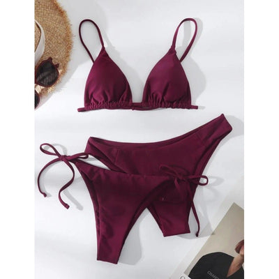 Lavender three-piece bikini set with a triangle top, tie-side bottom, and high-cut bottom, displayed with a straw hat and purple sunglasses. - Image 27