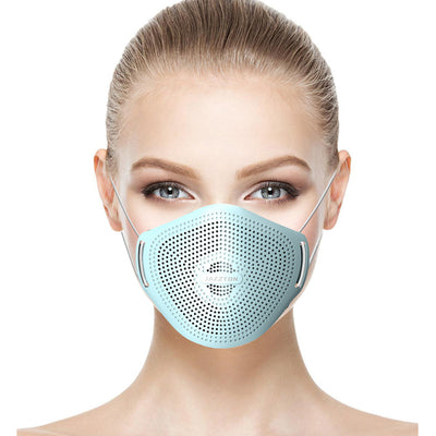 Light blue dust mask with perforated design and central breathing valve, worn by a woman. - Image 12