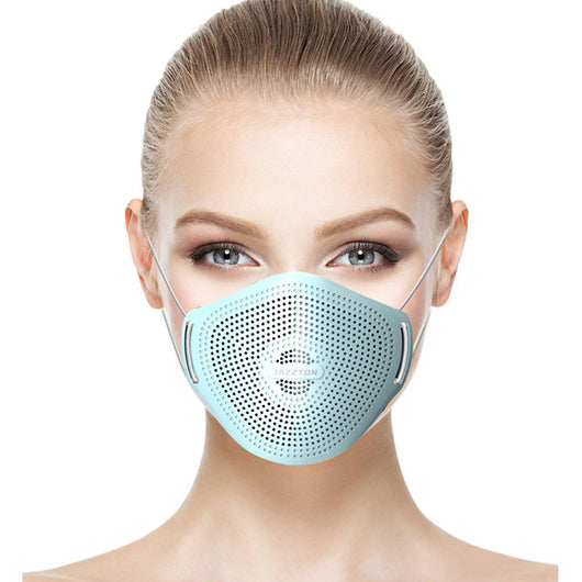 Light blue dust mask with perforated design and central breathing valve, worn by a woman. - Image 12