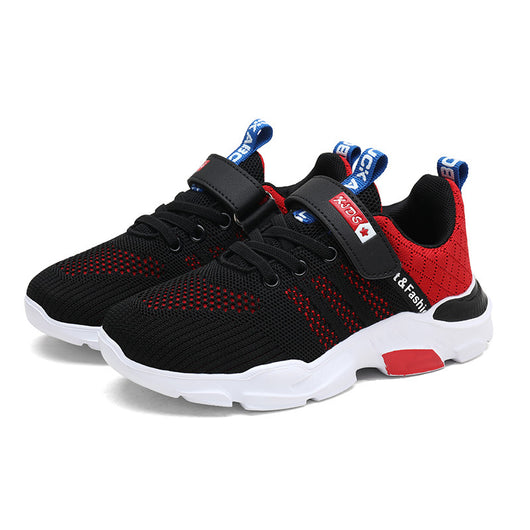 Boy's black and blue sports shoes with orange accents, mesh upper, white sole, blue laces, and a Velcro strap. - Image 11