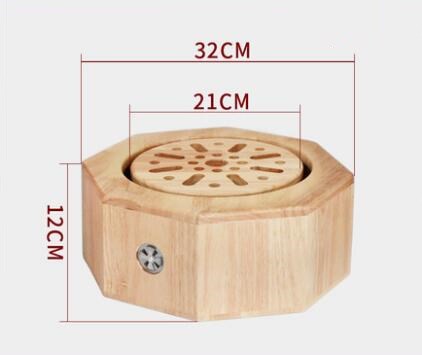 Octagonal oak sitting moxibustion instrument with a perforated top and a visible metal warming element.