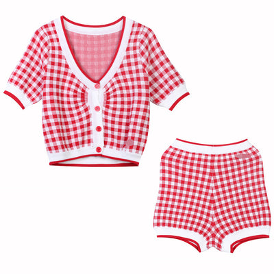 Cardigan de Punto Cuadros Rojo y Blanco con Contraste - Image 10