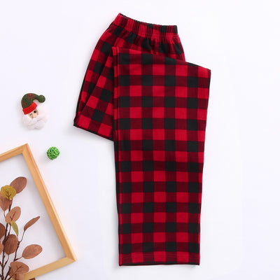 Matching family Christmas pajamas with grey tops, red plaid sleeves, and a reindeer wearing a Santa hat and face mask. - Image 15