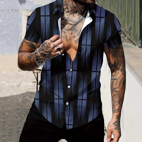 Camisa Manga Corta Hombre con Estampado Geométrico Moderno