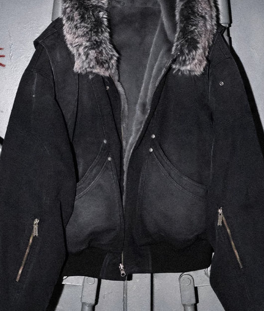 Chaqueta de Lona Lavada con Cuello de Piel y Tallado de Montaña Dividida - Image 6