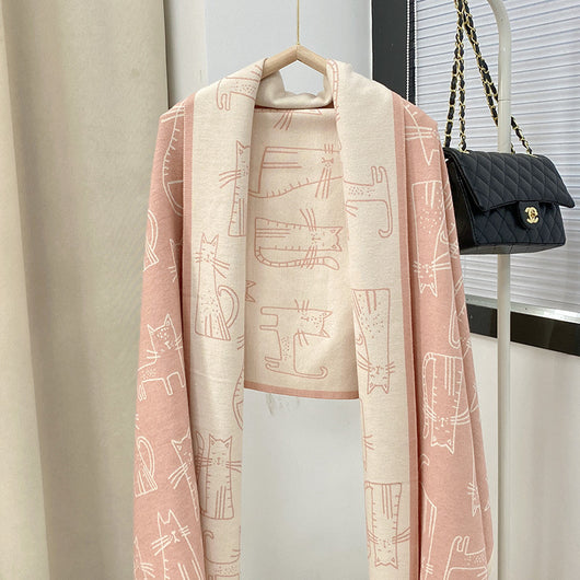 Bufanda de Cashmere con Jacquard de Gato - Versátil y Adorable para Invierno - Image 4