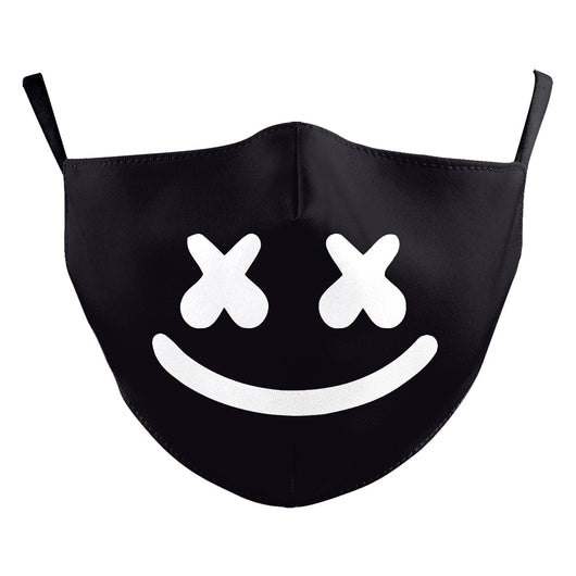 Black milk silk dustproof mask with a white smiley face design, featuring 'X' eyes and a curved smile, for Halloween. - Image 11