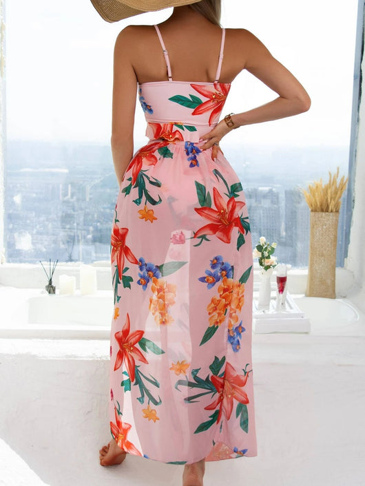 Women's pink floral print two-piece swimsuit with a tie-front crop top, high-waisted triangle bottoms, and matching sheer sarong. - Image 15