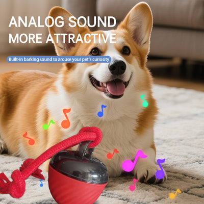 Red and black smart interactive pet toy ball with a textured swirl pattern and an attached red rope. - Image 10