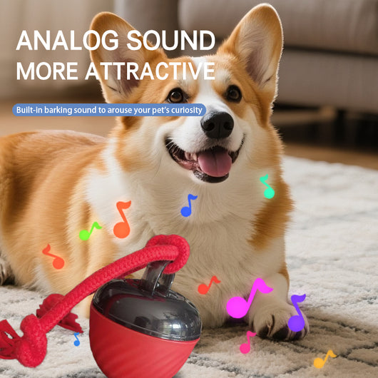 Red and black smart interactive pet toy ball with a textured swirl pattern and an attached red rope. - Image 10