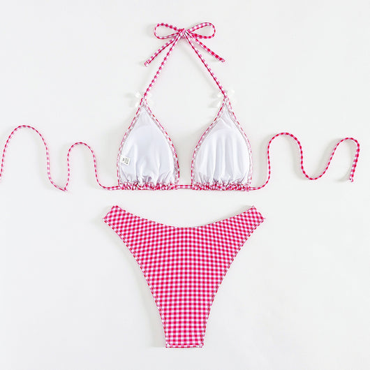 Red and white gingham print bikini swimsuit with a triangle halter top and high-cut bottom, featuring small white bows. - Image 21