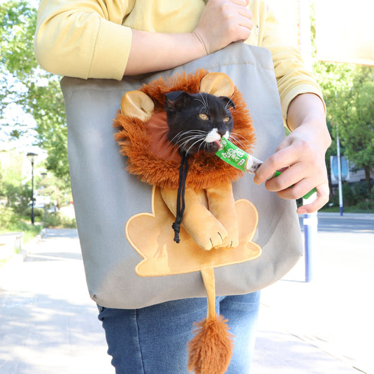 Grey soft pet carrier with a lion design, featuring a plush mane, ears, paws, and tail, and a drawstring opening. - Image 10