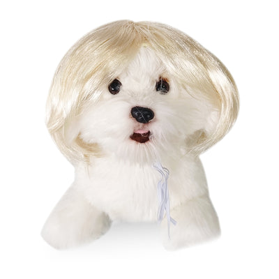 White fluffy dog plush toy wearing a short, straight grey bob wig with bangs and white tie ribbons. - Image 11
