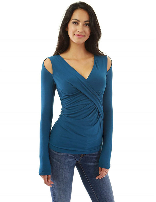 Blusa Elegante Escote Profundo Hombros Descubiertos Manga Larga Ajustada