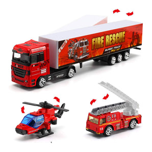 19 Pcs Fire Truck with Firefighter Toy Set, Mini Die-cast Fire Engine Car in Carrier Truck, Mini Rescue Emergency Double Side Transport Vehicle