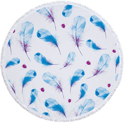 Round white microfiber beach towel with a vibrant blue and purple feather print and white fringe trim. - Image 8