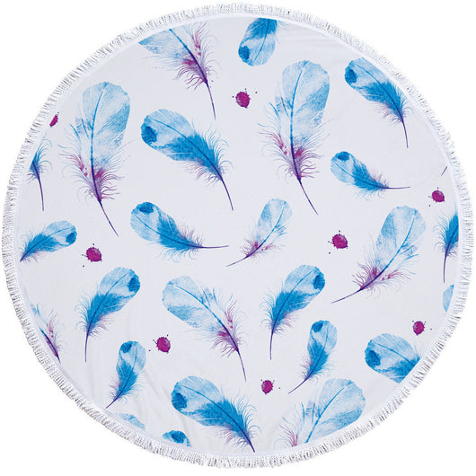 Round white microfiber beach towel with a vibrant blue and purple feather print and white fringe trim. - Image 8