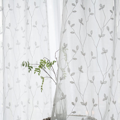 Sheer white curtains with a delicate brown leafy vine pattern, offering light transmission for a pastoral style room. - Image 16