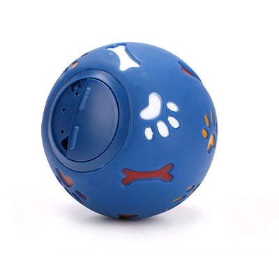 Red rubber pet puzzle ball with white, blue, and orange paw print and bone cutouts, featuring a treat dispenser opening.