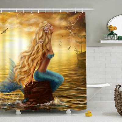 Waterproof shower curtain and bath mat set featuring a mermaid with teal hair and blue-green tail, surrounded by lily pads and pink flowers. - Image 5