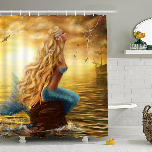 Waterproof shower curtain and bath mat set featuring a mermaid with teal hair and blue-green tail, surrounded by lily pads and pink flowers. - Image 5