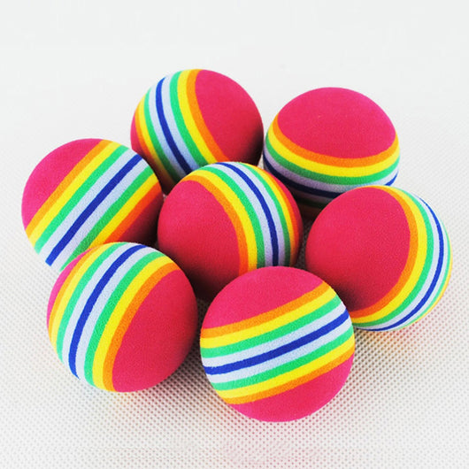 Twelve small, round rainbow-striped balls, ideal as interactive cat toys or for golf practice, on a white background. - Image 2