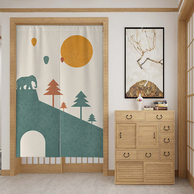 Fabric door curtain with a modern botanical design, featuring large green leaves, a snail, and geometric shapes. - Image 12