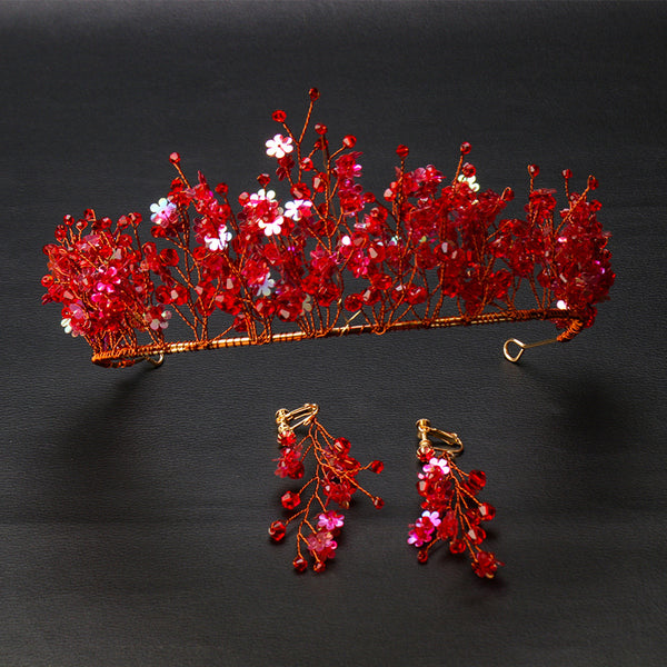 Corona de Cristal Rojo Hecha a Mano - Tocado Nupcial Tradicional Chino - Image 10