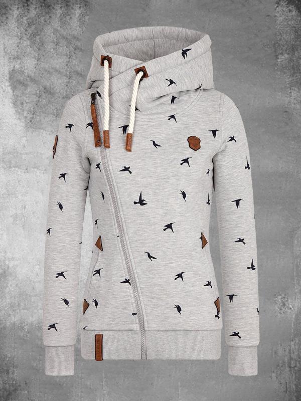 Cardigan Hoodie con Estampado de Pájaros y Bolsillos