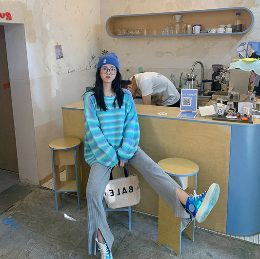 Suéter Retro de Rayas Arcoíris Degradado para Mujer
