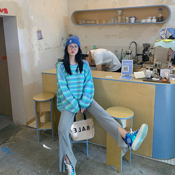 Suéter Retro de Rayas Arcoíris Degradado para Mujer