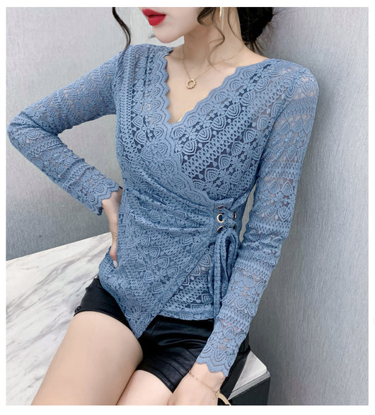 Blusa de Encaje Manga Larga Escote V Sexy para Mujer - Image 11