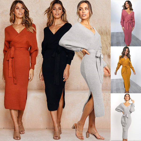 Vestido de Encaje con Manga Larga y Escote en V para Mujer