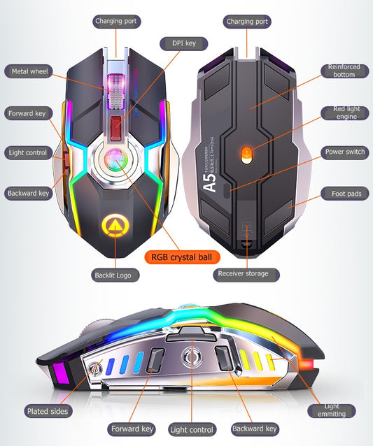Ratón Gaming RGB Inalámbrico Recargable con Botón Silencioso - Image 2