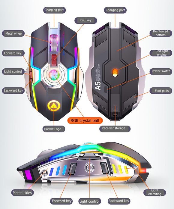 Ratón Gaming RGB Inalámbrico Recargable con Botón Silencioso
